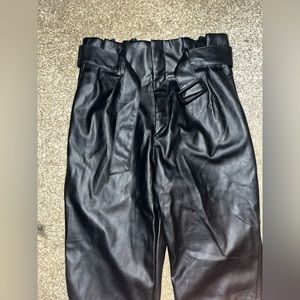 H&M pleather trouser-style cropped pants with cinched waist and belt.